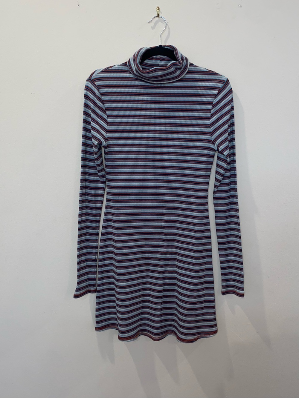 BDG 70s Retro Style Blue & Rust Striped Turtleneck Long-Sleeve Dress